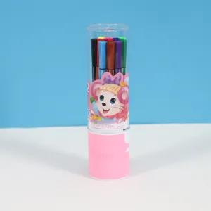Detailed view of the 12-color washable watercolor marker pen set in a transparent bucket.
