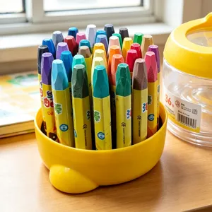 Colorful oil pastel crayon set in yellow bucket, ideal for kids drawing art and school painting.
