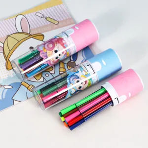 Details of children washable watercolor pens 12-color bucket set, safe and portable art supplies.