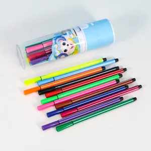 12-color washable watercolor pens set with a clear storage bucket for kids art painting.