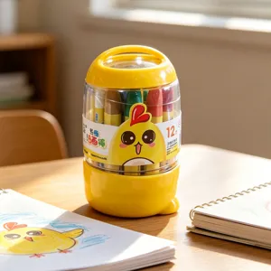 Close-up detail of a portable bucket 12-color oil pastel set with cute chick packaging on desk.