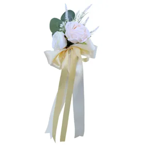Wedding car handle decoration artificial rose flower bouquet with elegant long silk ribbons for ceremony