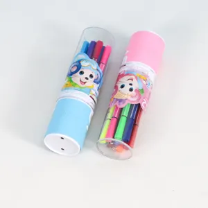 Washable watercolor markers detailed shot, colorful 12-color barrel set for kids.