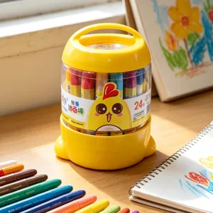 Portable bucket oil pastel set, featuring vibrant colors and cute chick packaging for kids painting.