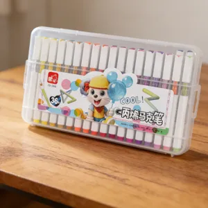 Detailed view of 36 colors acrylic marker pens set in clear plastic storage box for art.