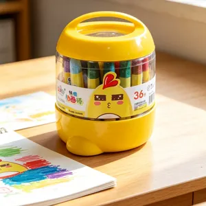 Detailed view of yellow portable barrel crayon set, vibrant color oil pastels for kids drawing.