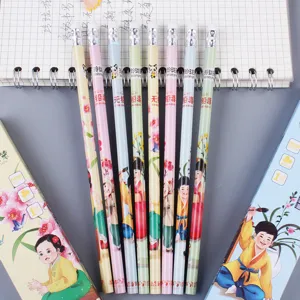 Crayons en bois ronds HB de style chinois créatif avec gomme, ensemble d'écriture