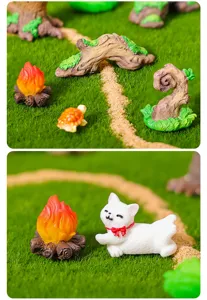 Miniatur Harz Landschaftsornament Set mit süßer Katze und Lagerfeuer für Gartendekoration.
