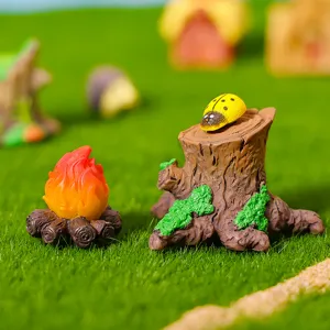 Miniatur Baumstumpf und Lagerfeuer Harz Mikro Landschaftsdeko Set fuer Sukkulenten Bonsai.