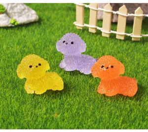 Close-up of translucent colorful resin puppy micro-landscape figurines, cute detail view.