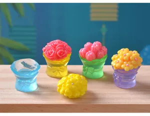 Miniature resin flower bouquet ornaments, cute micro landscape glowing floral desk decor items.