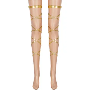 Gold metallic leg straps harness, cross wrap thigh bands for fashion costume party setup.
