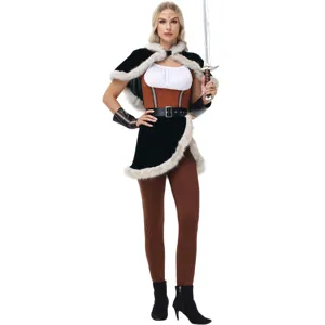Medieval Viking warrior hunter cosplay costume detail view featuring cloak and sword