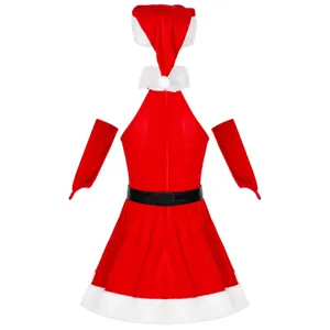 Set costume da Babbo Natale rosso in velluto sexy con abito, cappello, colletto e maniche.