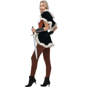 Medieval viking dark warrior cosplay costume, detailed view of the green fur-trimmed cape.