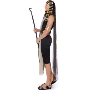 Detailed view of male Egyptian pharaoh costume set with headdress and staff prop for party.