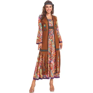 Vista detallada del disfraz hippy de los años 70 con chaleco de flecos y estampado.