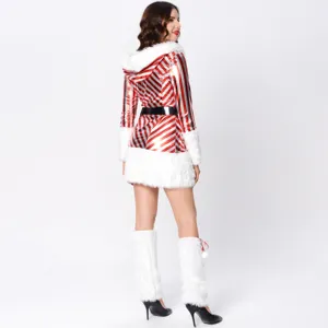 Costume di Natale a righe rosso e bianco con cappuccio, pelliccia sintetica e scaldamuscoli.