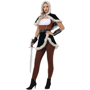 Detailed view of medieval Viking hunter cosplay costume with faux fur trimmed hooded cape.