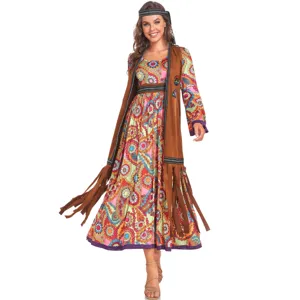 Disfraz de hippy retro de los años 70 para mujer, vestido boho colorido de festival con chaleco y cinta.