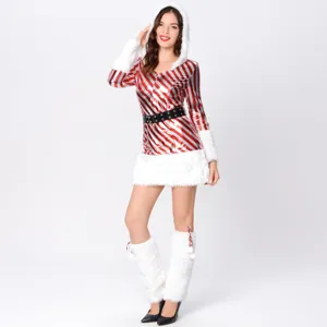 Costume di Natale a righe rosso e bianco con cappuccio, cintura e scaldamuscoli in peluche