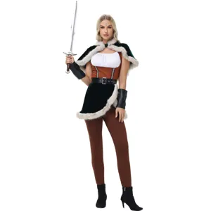 Medieval viking female hunter cosplay costume detail showcasing fur trim and outfit design features.