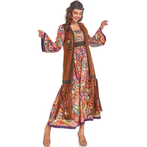 Disfraz de hippie vintage de los años 70 vestido largo de festival con chaleco de flecos