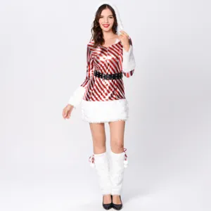 Costume di Natale abito a righe rosso e bianco con cappuccio e copristivali di peluche