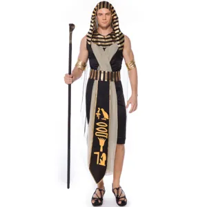 Men Egyptian Pharaoh costume adult Halloween cosplay outfit with headpiece and staff