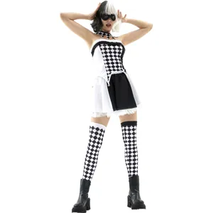 Halloween black and white harlequin cosplay costume set with dress, socks and accessories.