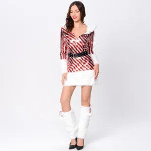 Set costume di Natale a righe rosso e bianco con scaldamuscoli pelosi vestito cosplay