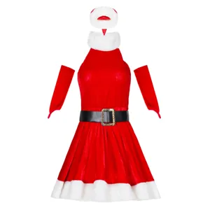 Set costume da Babbo Natale sexy da donna, elegante abito in velluto rosso, cappello, cintura.