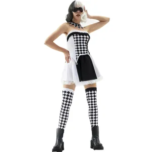 Detailed view of the black and white harlequin costume showing check pattern and accessories.