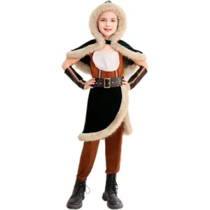 Details of medieval hunter costume with green cloak, faux fur trim, and brown outfit.