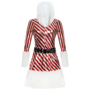 Costume di Natale a righe rosso e bianco abito con cappuccio e pelliccia sintetica