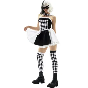 Detailed view of the Halloween black and white harlequin cosplay costume set with dress and socks.