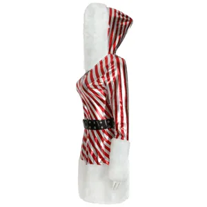 Costume di Natale a righe rosse e bianche con cappuccio e pelliccia sintetica per feste.