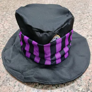 Black top hat with purple striped band and clock patch detail for costume party cosplay use