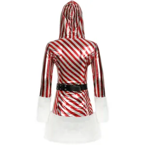 Costume di Natale con cappuccio a righe rosso e bianco, vista posteriore, ideale per feste cosplay.