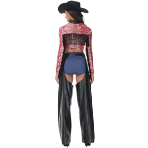Women retro cowboy performance costume set featuring fringe crop top and chaps for festival party