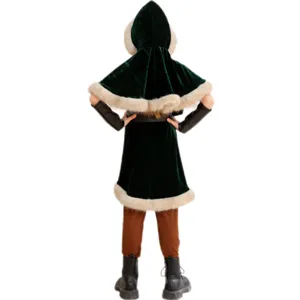 Medieval dark hunter warrior costume detail view, green velvet hooded cloak, back view.