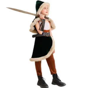 Kids medieval Viking hunter cosplay costume with green hooded cloak and sword prop.