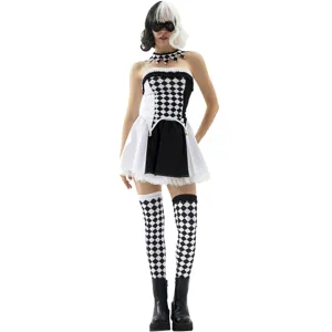Halloween black and white harlequin costume detail showing dress and stockings set.