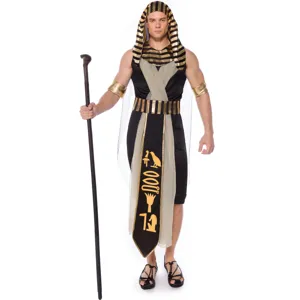 Men's Egyptian Pharaoh Costume Ancient King Role Play Outfit Black Gold Hieroglyphic Print Stage Performance Halloween Party Apparel
