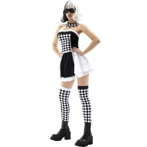 Black and white harlequin costume details, featuring checkerboard pattern and lace trim elements.