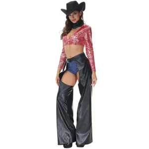 Women music festival cowgirl costume 70s retro party performance outfit with hat and chaps
