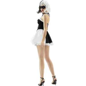 Halloween black and white cosplay costume set with dress wig and eye mask for women.