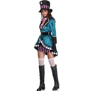 Detailed view of the Halloween cosplay costume showing the velvet jacket and top hat design.