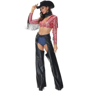 Festival retro cowgirl costume set with fringe top hat and chaps for party stage performance