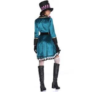 Detailed back view of the teal velvet Mad Hatter costume featuring a striped top hat.